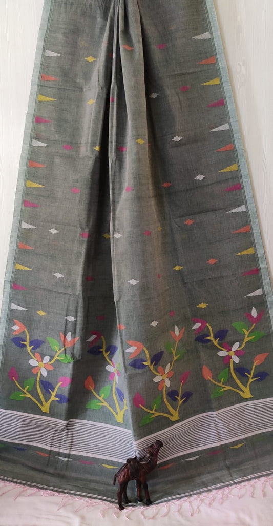 Floral Cloud Grey Bengal Pure Cotton Jamdani Saree-033