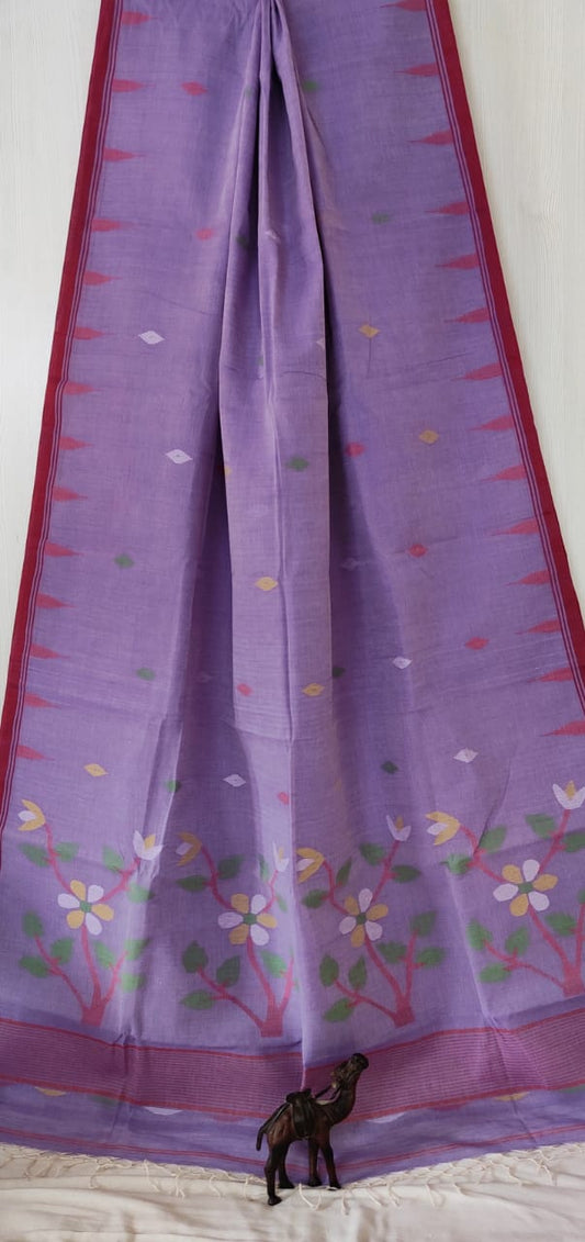 Floral Iris Purple Bengal Pure Cotton Jamdani Saree-028