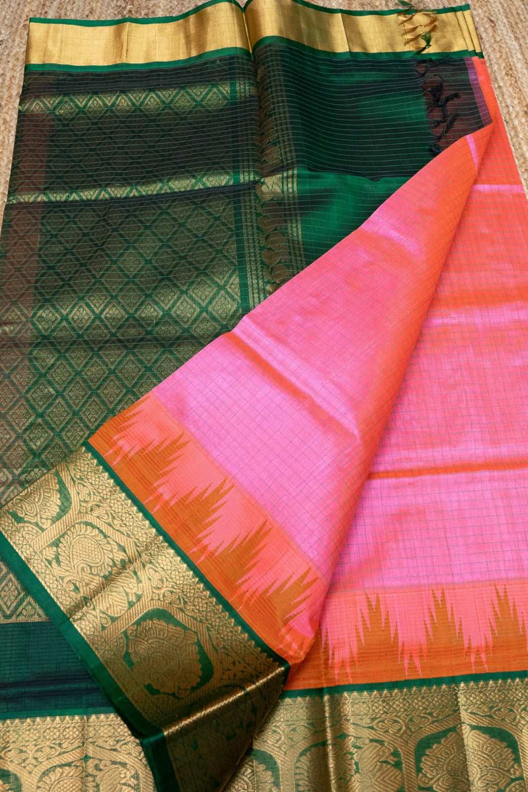 Baby Pink and Forest Green Golden Border Korvai Saree - 087