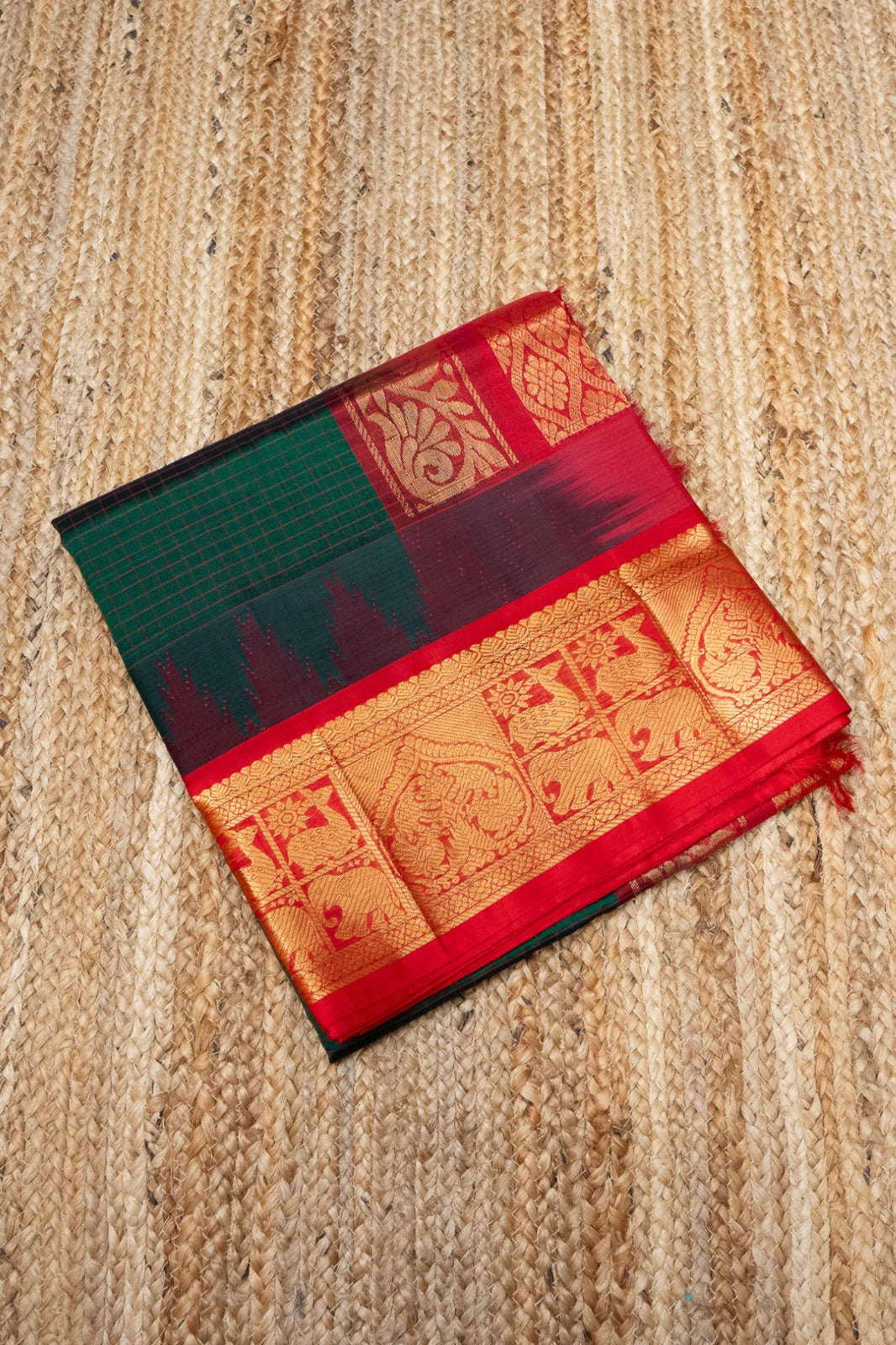 Forest Green With Golden Red Border Korvai Saree - 088