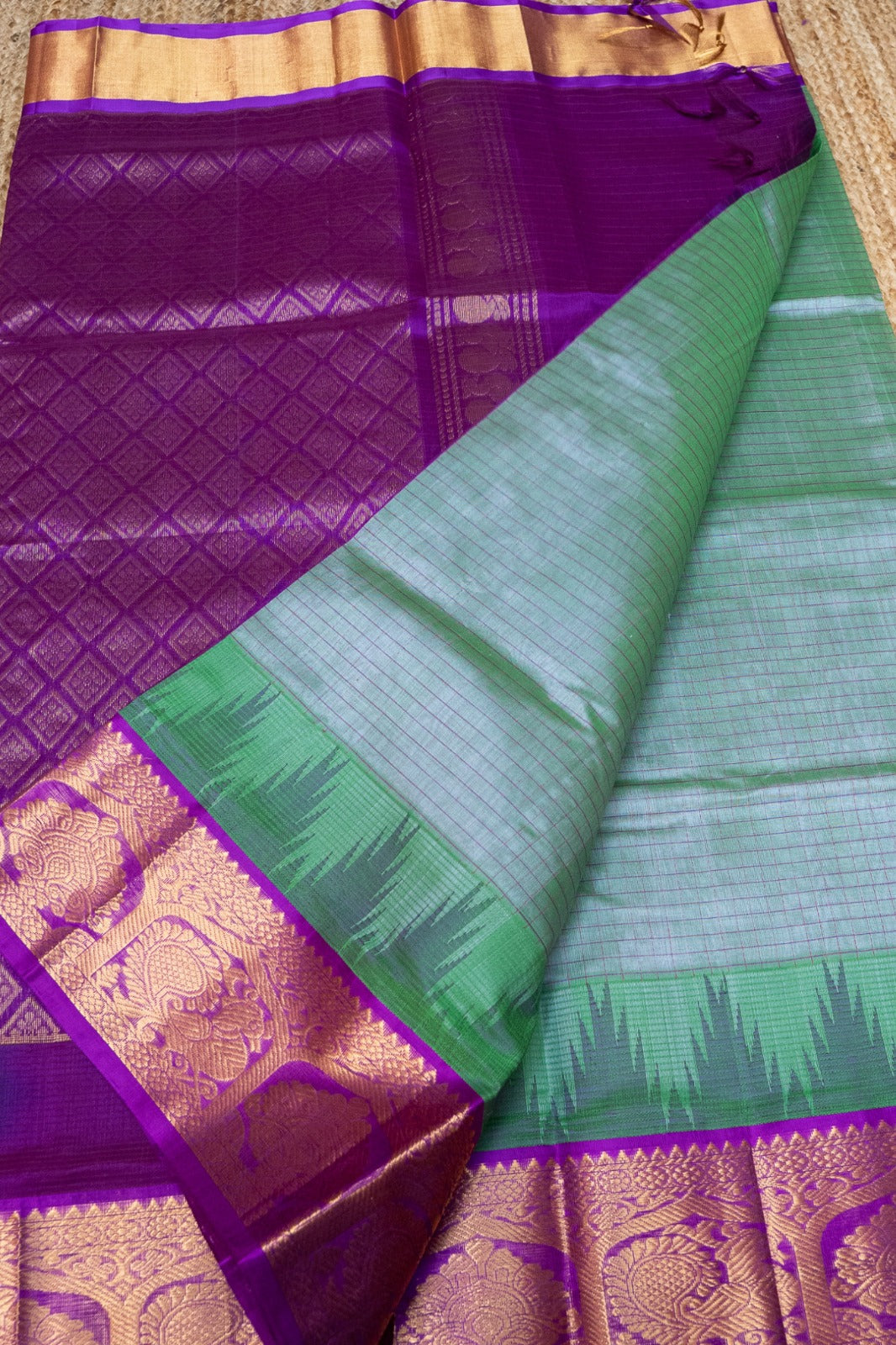 Pine Green With Purple Border Korvai Saree - 089