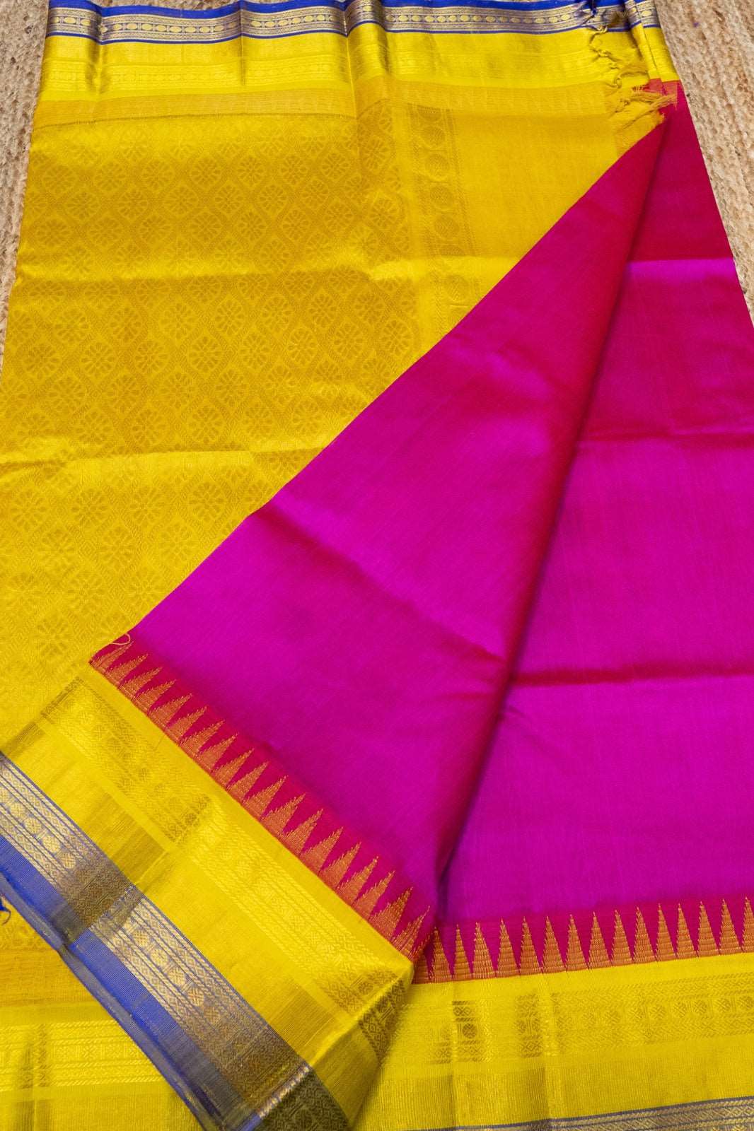 Bright Pink With Yellow and Blue Border Korvai Saree - 092