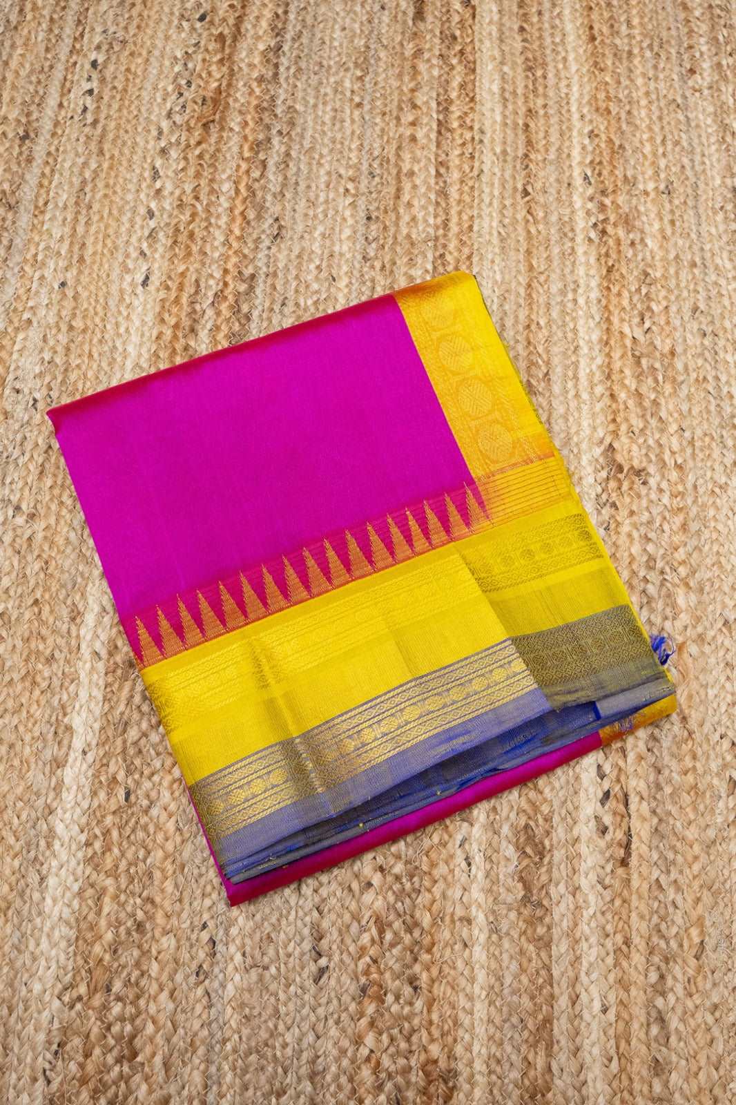 Bright Pink With Yellow and Blue Border Korvai Saree - 092