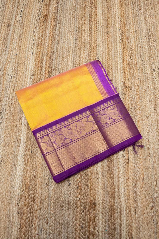 Bright Yellow With Golden Purple Border Korvai Saree - 099