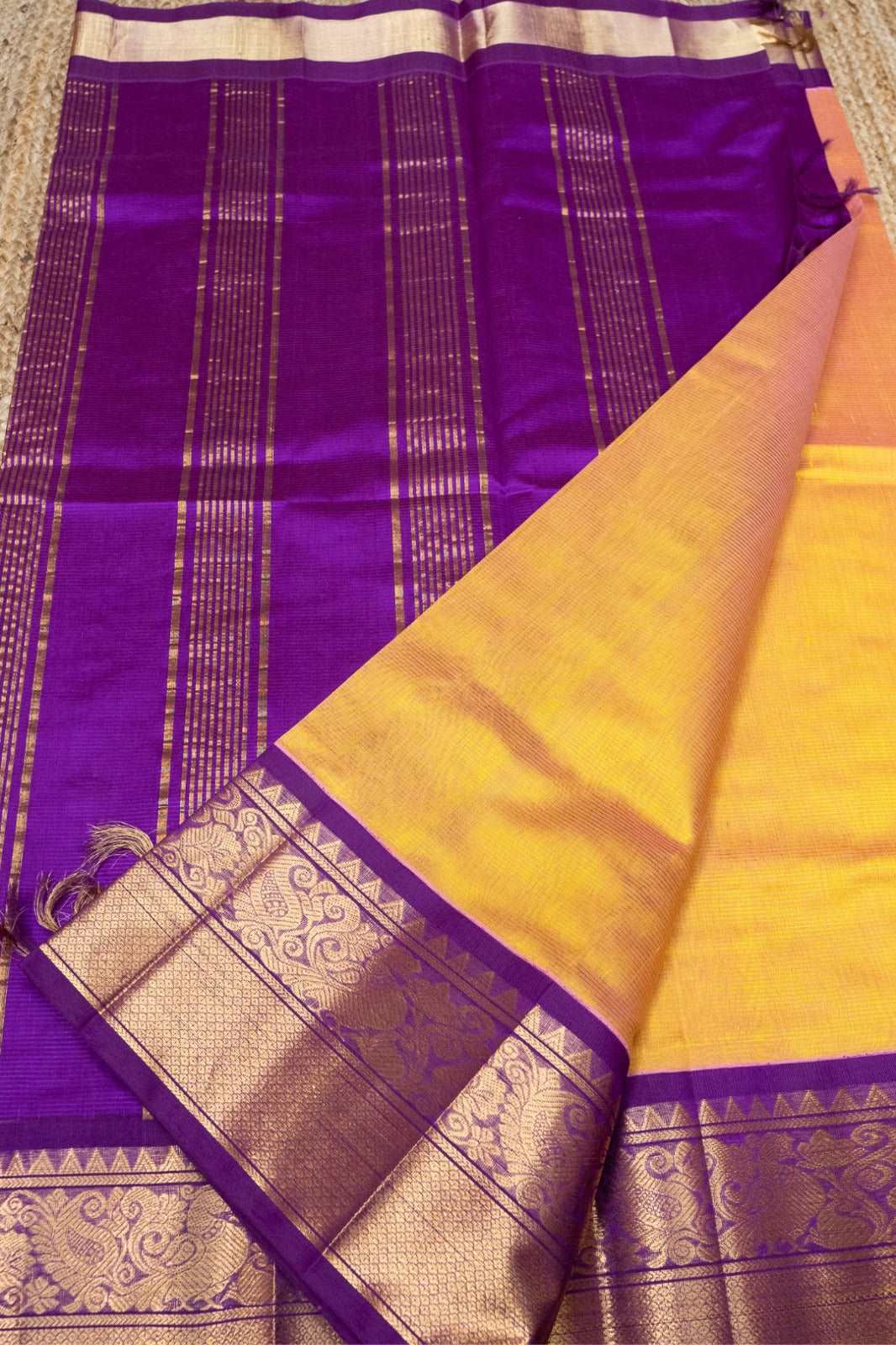 Bright Yellow With Golden Purple Border Korvai Saree - 099