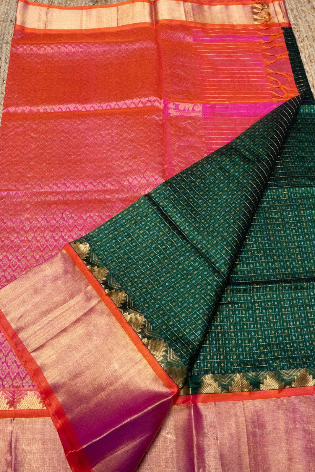 Pure handloom Korvai Saree Lakshadeepam Dark Green With Golden Red Border - 016