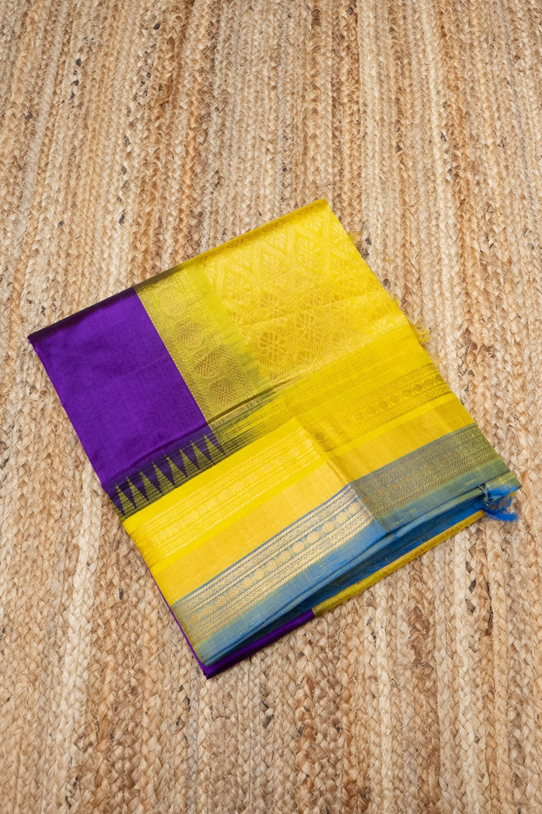 Pure Handloom Korvai Silk Cotton Saree in Blue and Yellow-Blue Border with temple border - 115