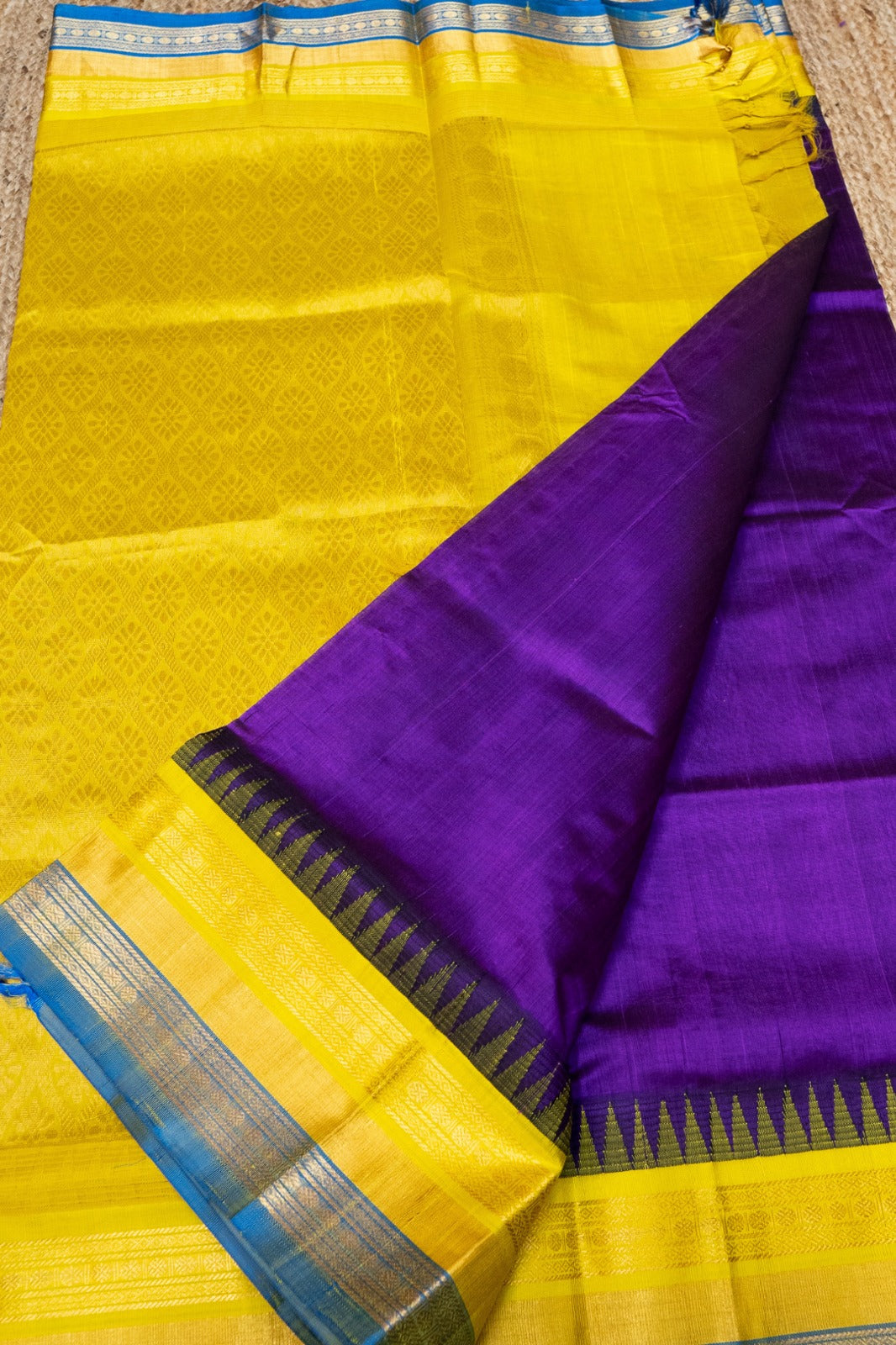 Pure Handloom Korvai Silk Cotton Saree in Blue and Yellow-Blue Border with temple border - 115