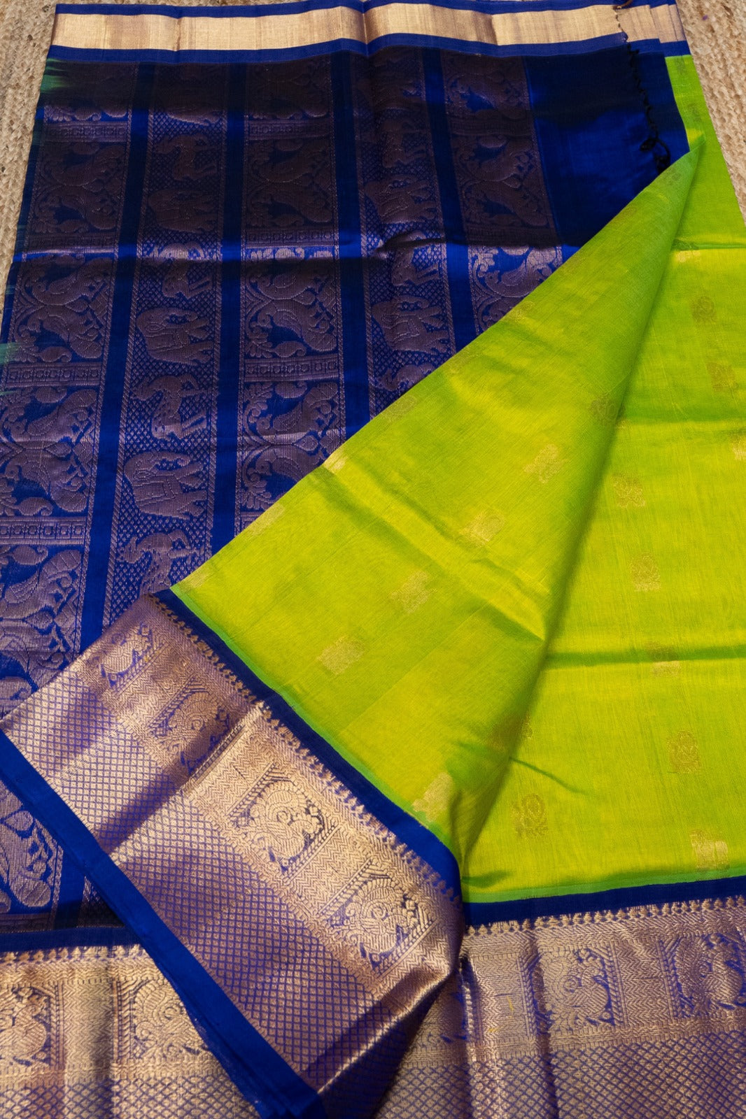 Lime Green With Golden Blue Border Korvai Saree - 116