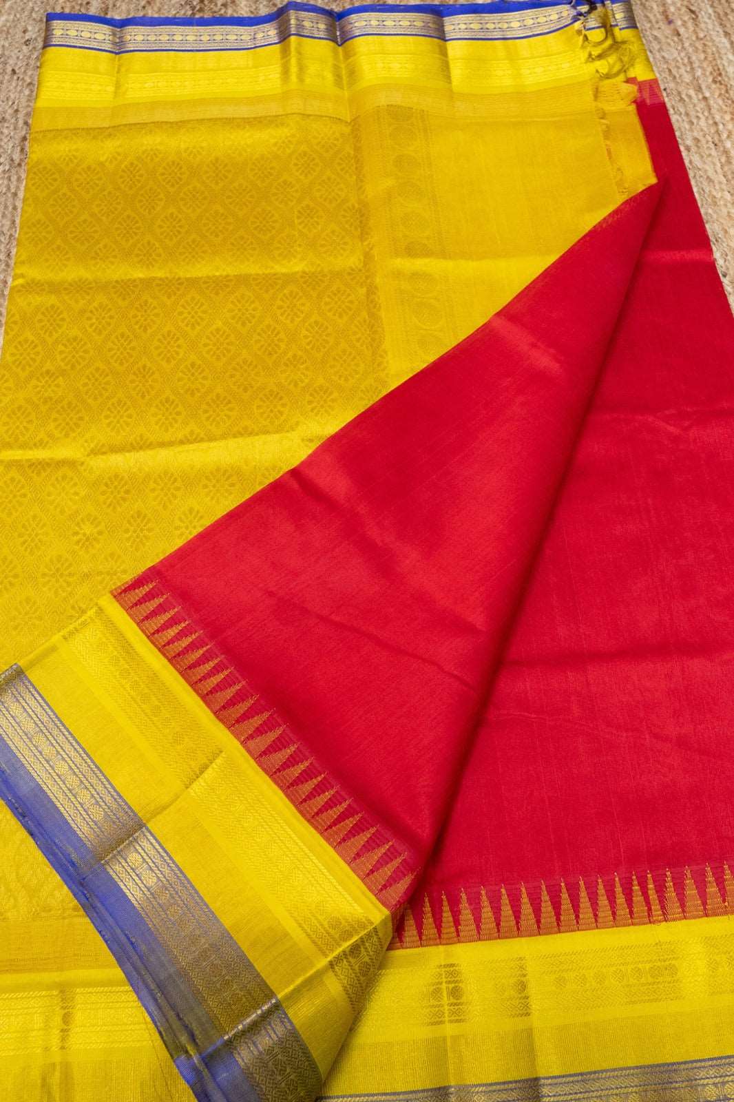 Classic Red and Golden Yellow Blue  Border Korvai Saree - 117