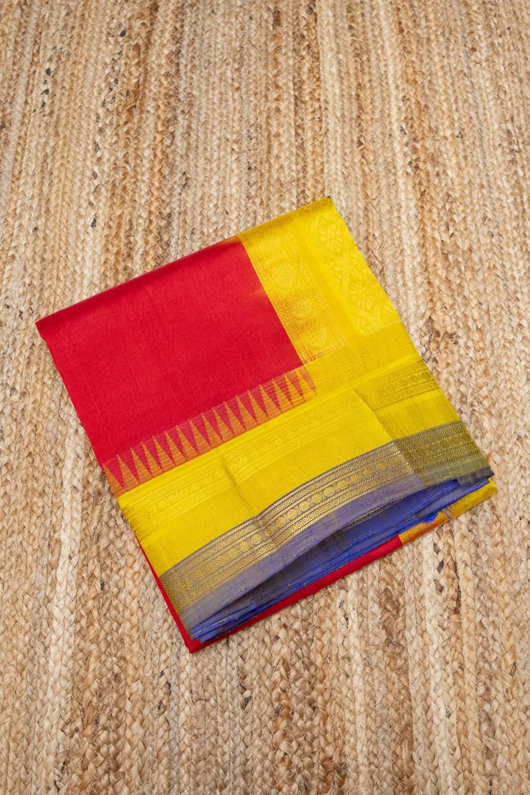 Classic Red and Golden Yellow Blue  Border Korvai Saree - 117