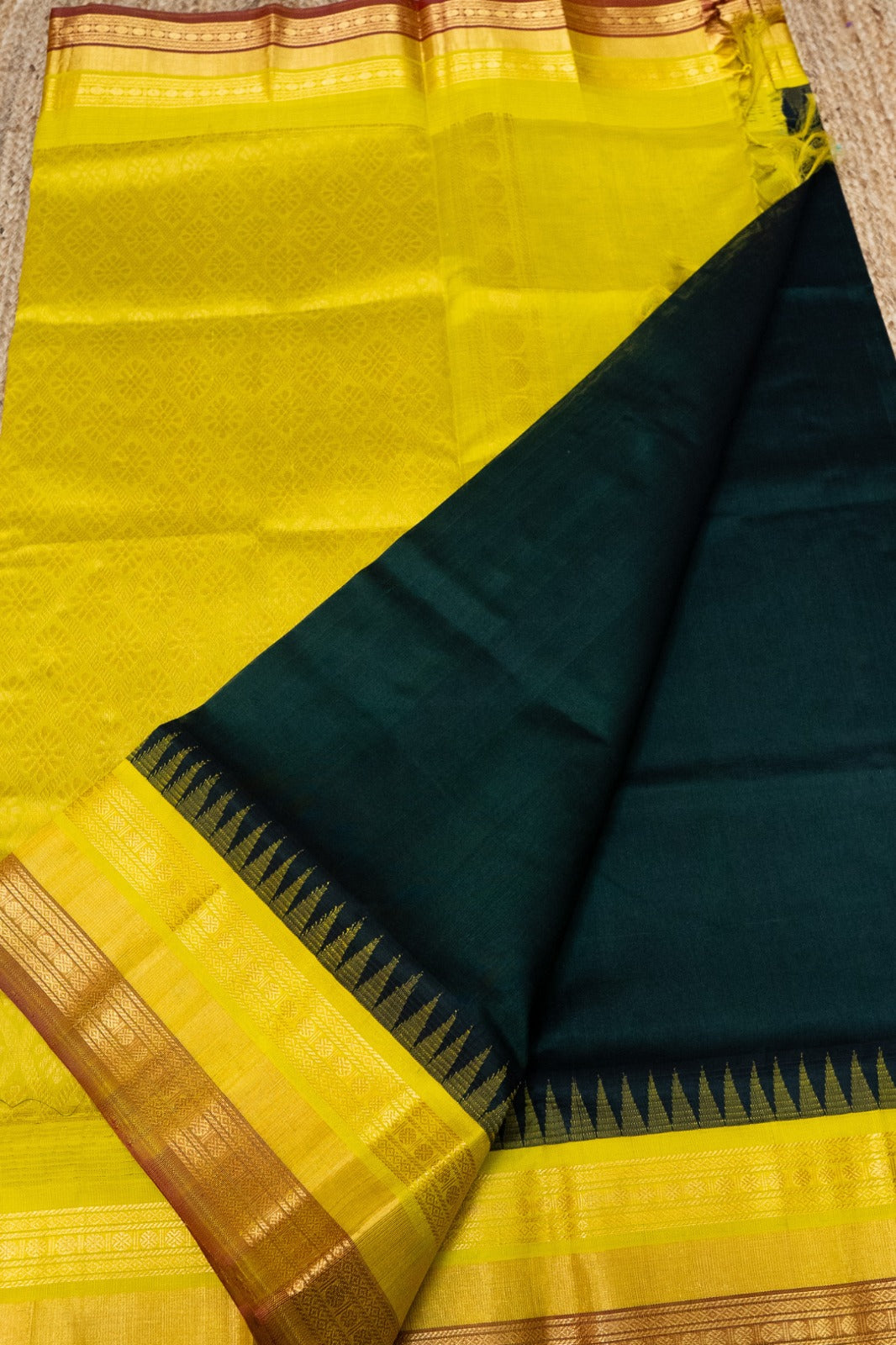 Dark Green and Yellow Border Korvai Saree - 119