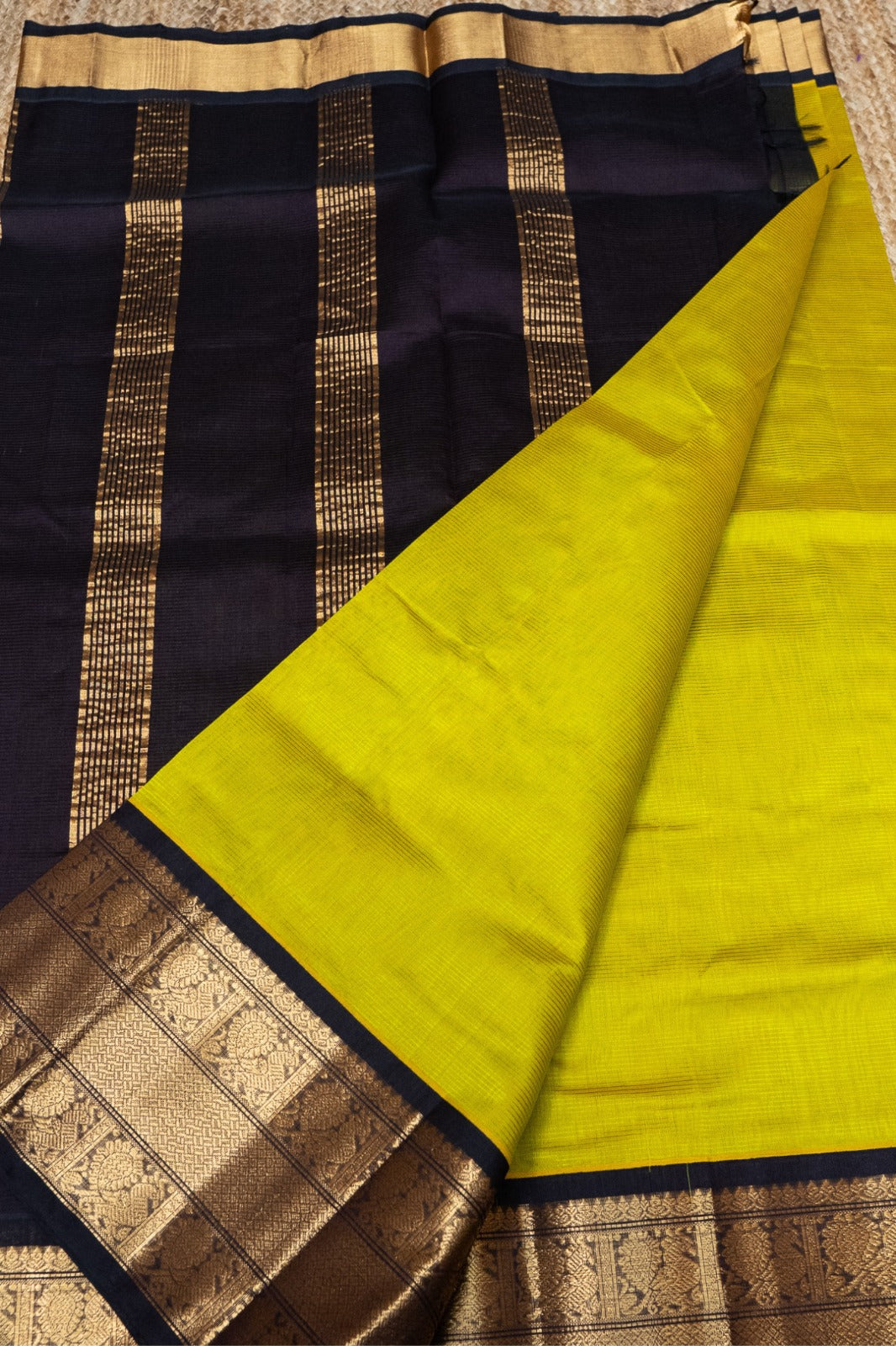 Pure handloom Korvai Silk Cotton Saree in Golden Ochre and Deep Brown Border - 109