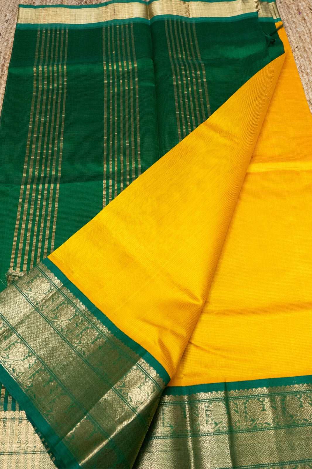 Classic Yellow And Golden Green Border  Korvai Saree -107