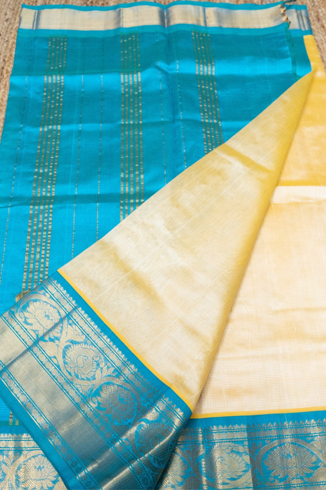 Light Yellow and Blue Border Korvai Saree -111