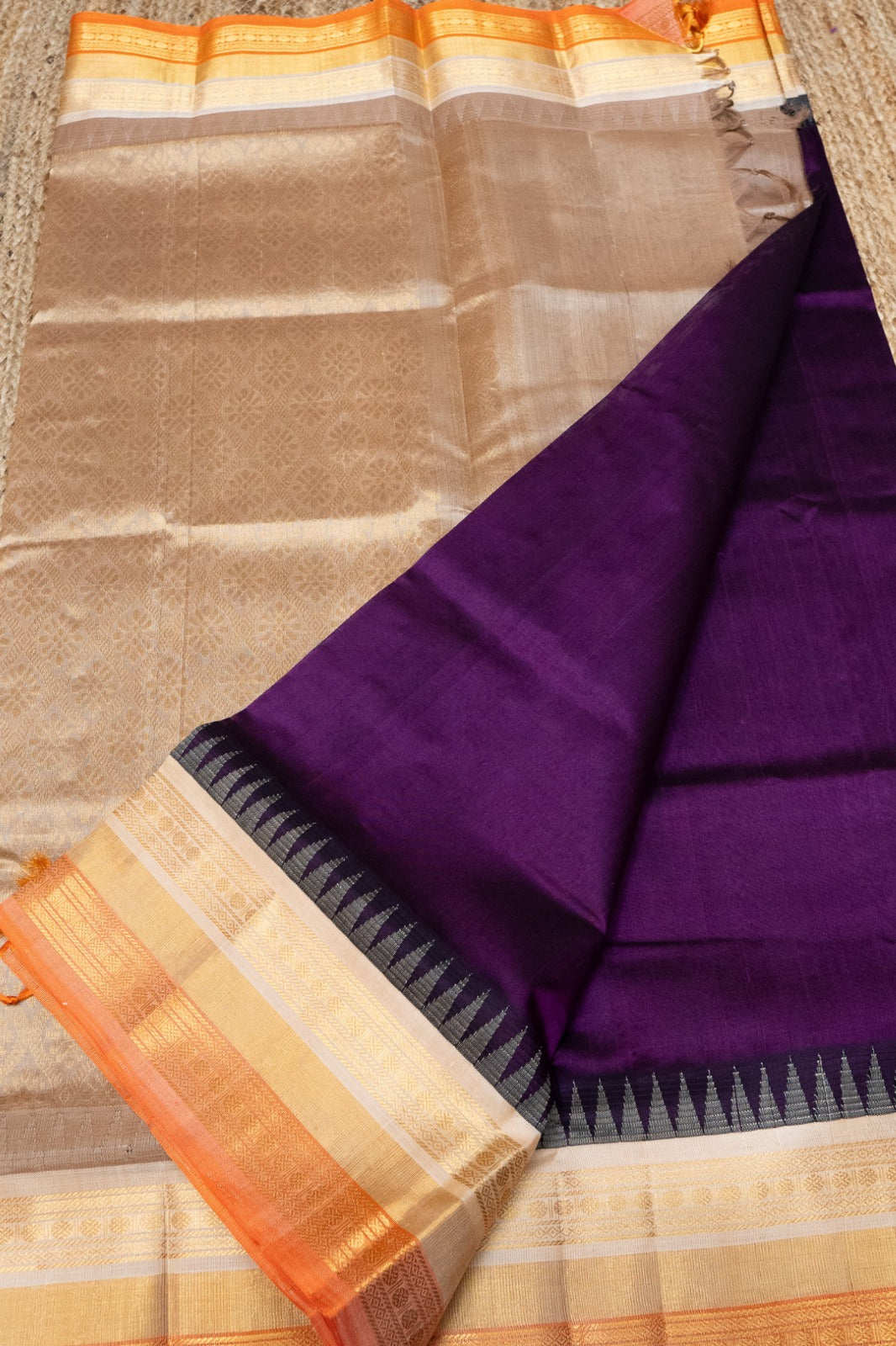 Wine Purple With Orange Border Korvai Saree - 113