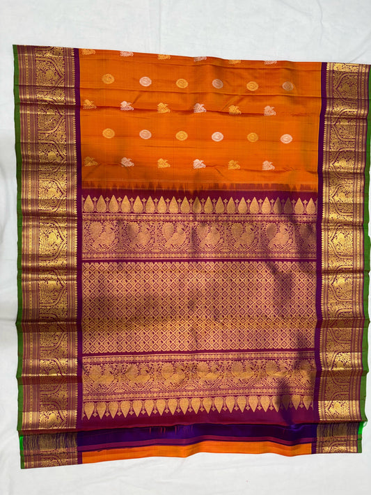 Pure Handwoven Gadwal Silk Saree Pumpkin Orange -002