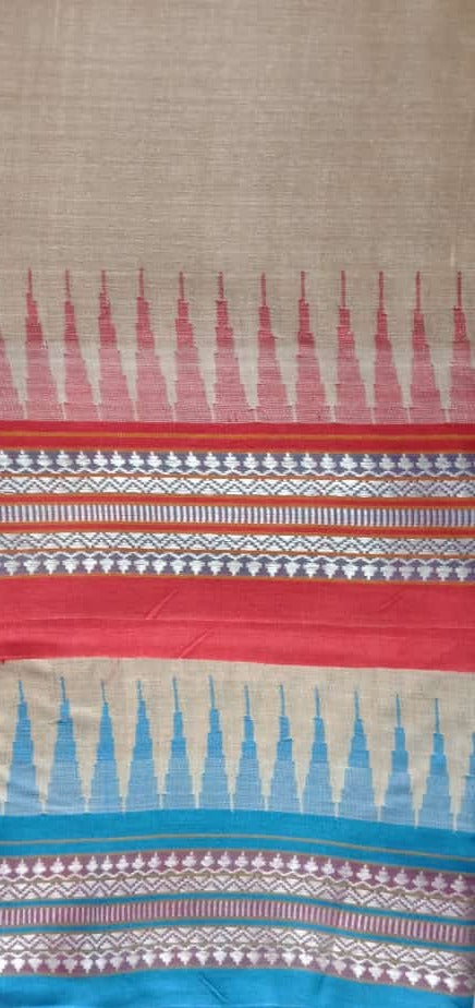 Beige & Red, Handloom Vidarbha Tussar Silk Saree with Multicolor Contrast Border-001