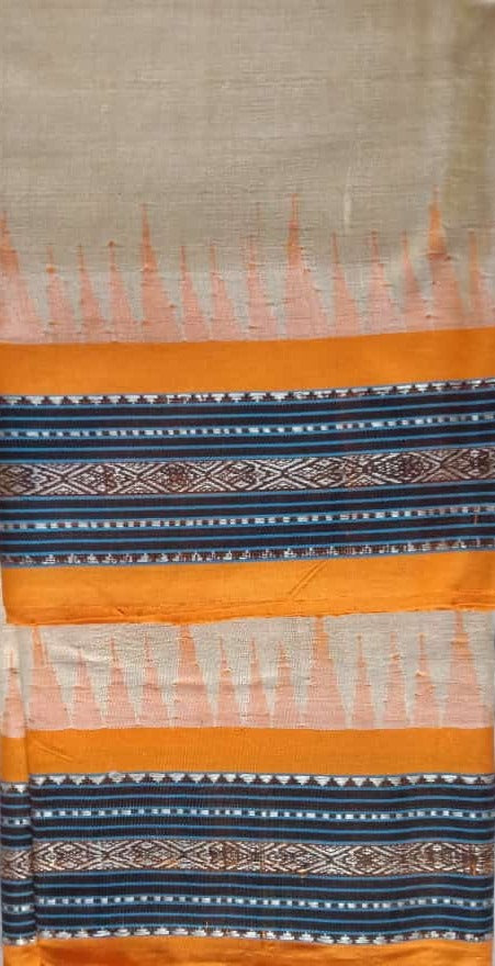 Beige & Orange, Handloom Vidarbha Tussar Silk Saree with Multicolor Contrast Border-003