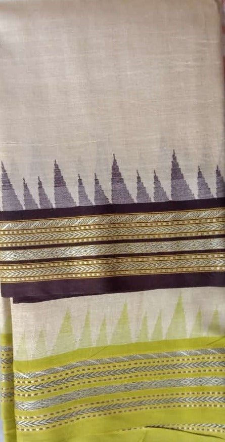 BEIGE & PURPLE, HANDLOOM VIDARBHA TUSSAR SILK SAREE WITH MULTICOLOR CONTRAST BORDER-004