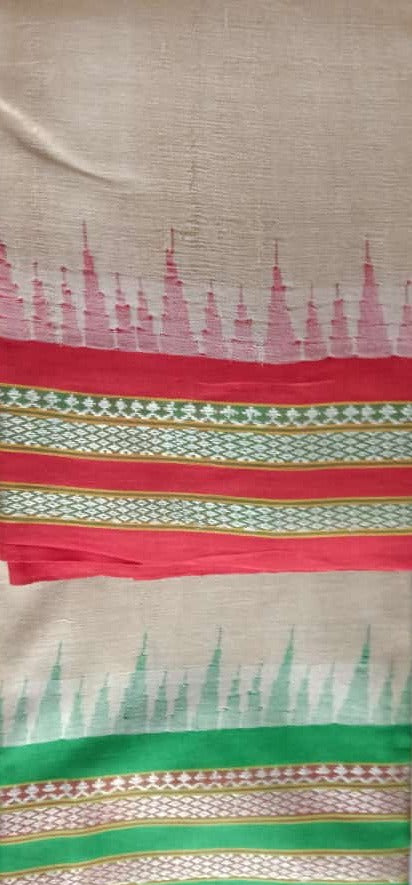 Beige & Green, Handloom Vidarbha Tussar Silk Saree with Multicolor Contrast Border-005