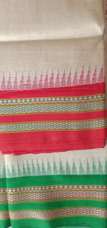 Beige & Cherry Red, Handloom Vidarbha Tussar Silk Saree with Multicolor Contrast Border-006