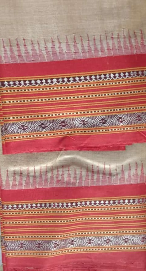 Beige & Pale Orange, Handloom Vidarbha Tussar Silk Saree with Multicolor Contrast Border-007