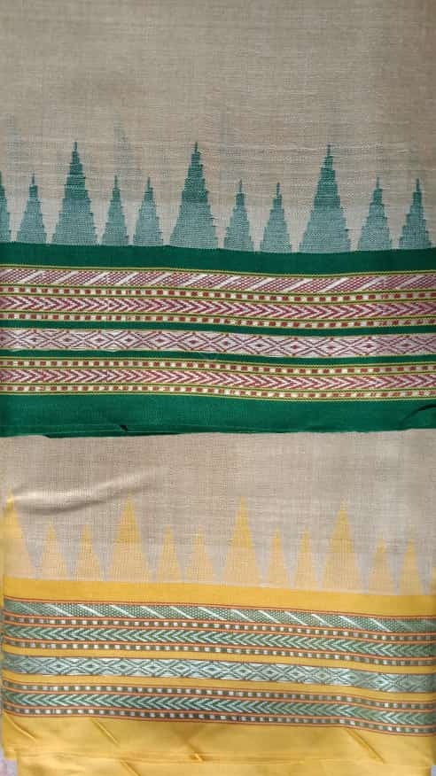 Beige & Green, Handloom Vidarbha Tussar Silk Saree with Multicolor Contrast Border-008