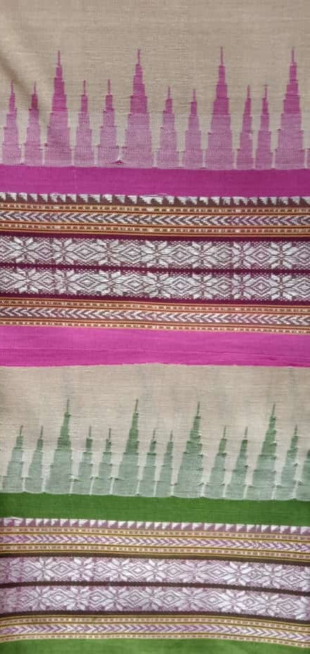 Beige & Pink, Handloom Vidarbha Tussar Silk Saree with Multicolor Contrast Border-010