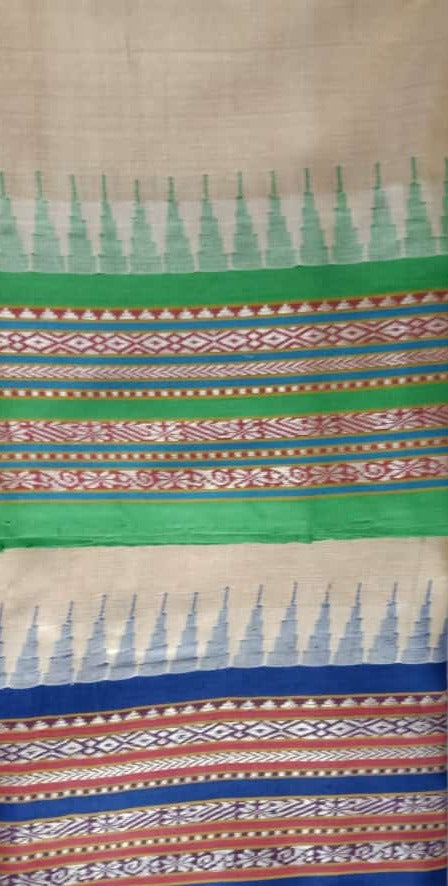 Beige & Green, Handloom Vidarbha Tussar Silk Saree with Multicolor Contrast Border-012