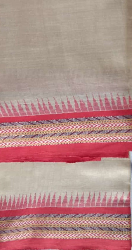 Beige & Red, Handloom Vidarbha Tussar Silk Saree with Multicolor Contrast Border-013