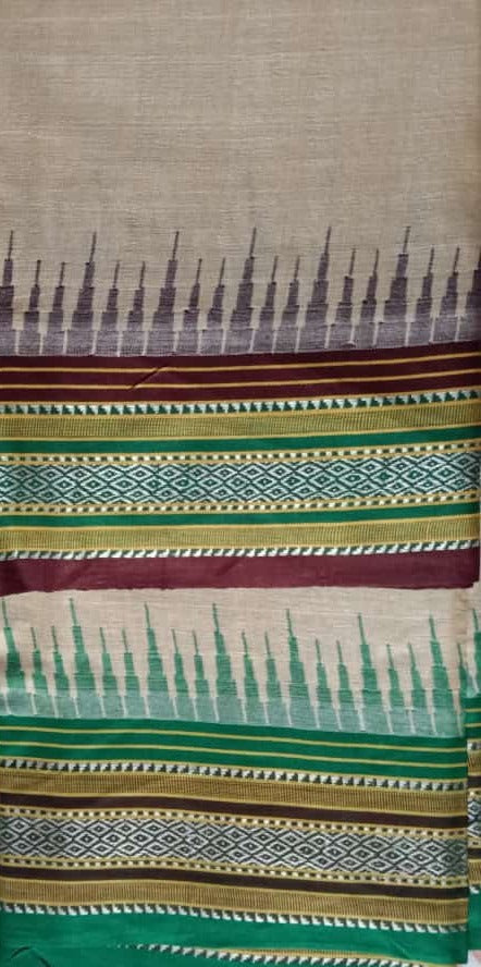 Beige & Green, Handloom Vidarbha Tussar Silk Saree with Multicolor Contrast Border-014