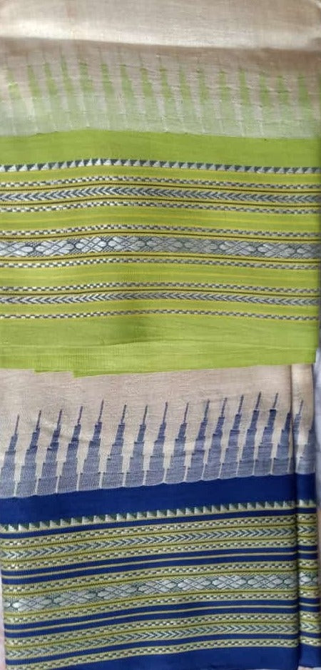 Beige &  Lemon Green, Handloom Vidarbha Tussar Silk Saree with Multicolor Contrast Border-016