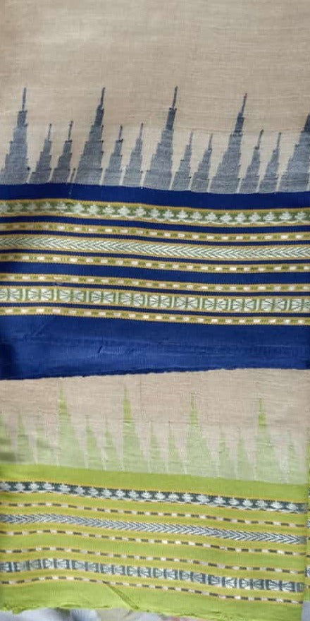 Beige & Blue, Handloom Vidarbha Tussar Silk Saree with Multicolor Contrast Border-019