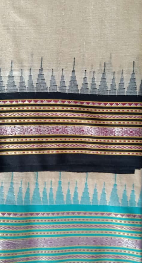 Beige & Blue, Handloom Vidarbha Tussar Silk Saree with Multicolor Contrast Border-018