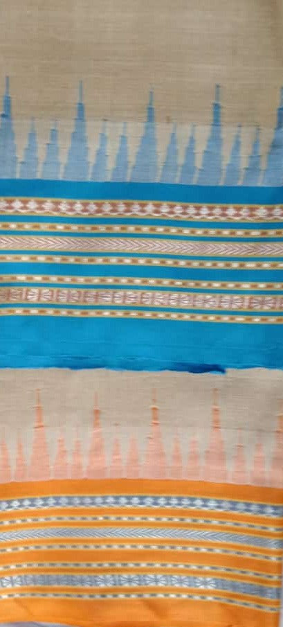 Beige & Blue, Handloom Vidarbha Tussar Silk Saree with Multicolor Contrast Border-023