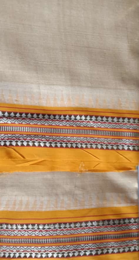 Beige & Orange, Handloom Vidarbha Tussar Silk Saree with Multicolor Contrast Border-024