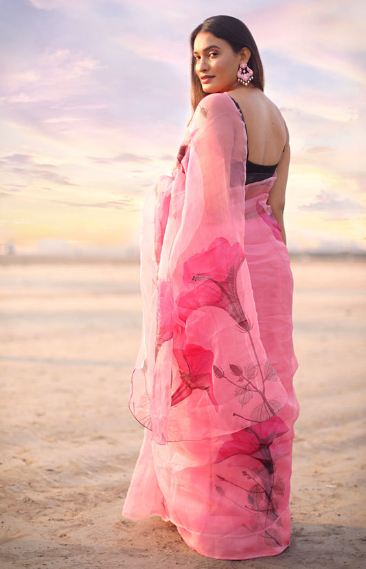 Dark Pink Florals on Organza Hand-painted Saree-009