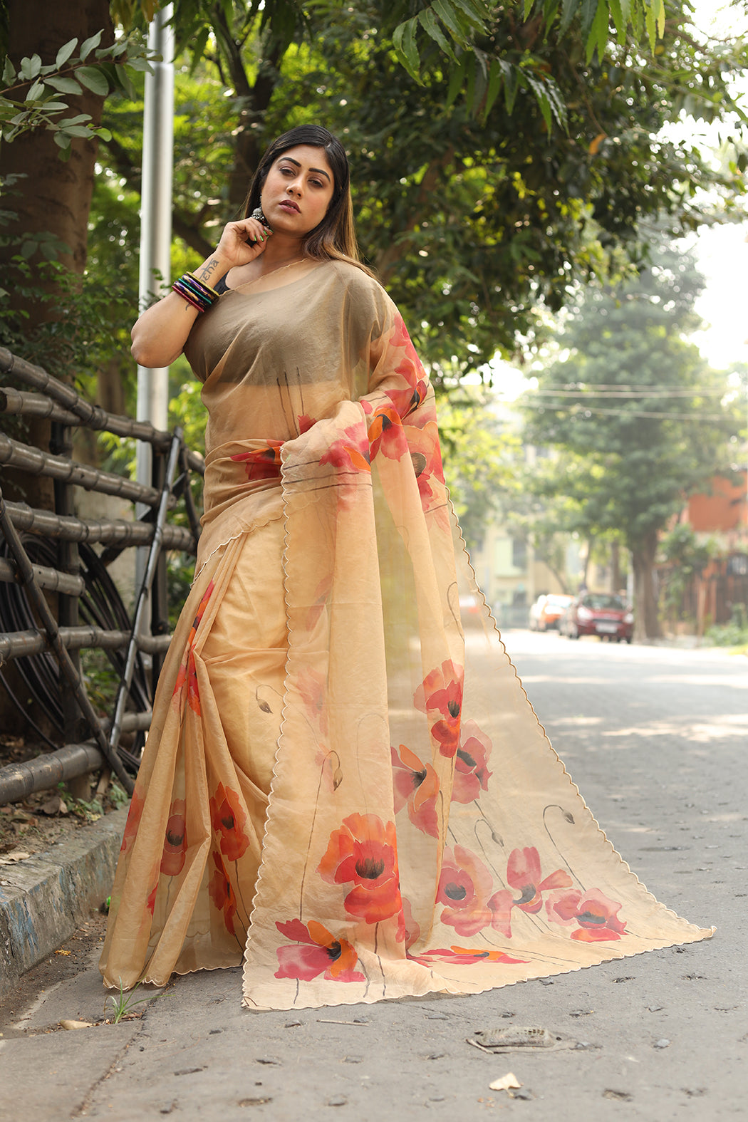 Florals on Light Orannge Organza Hand-painted Saree-069