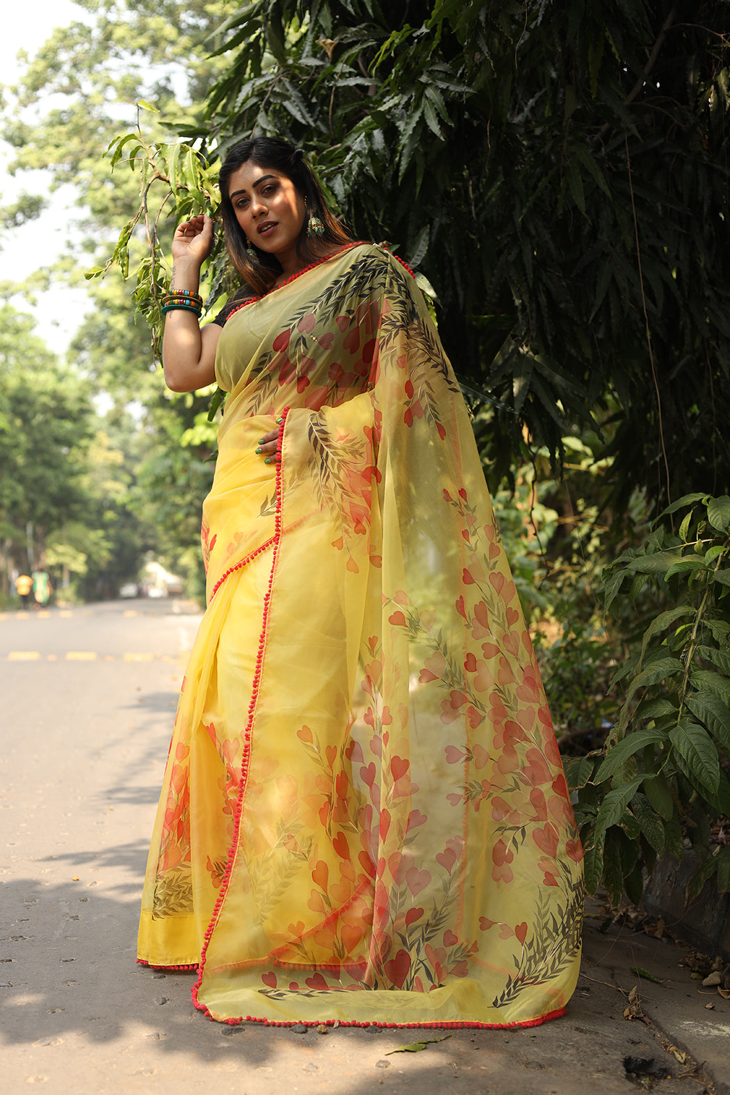 Red Poppeis on Yellow Organza Hand-painted Saree-072