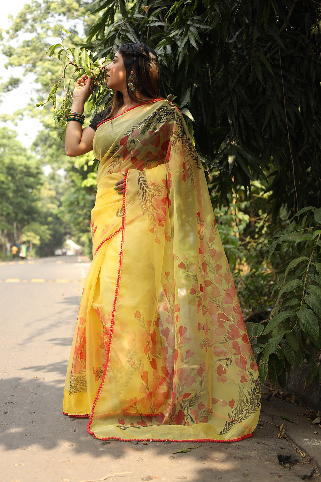 Red Poppeis on Yellow Organza Hand-painted Saree-072