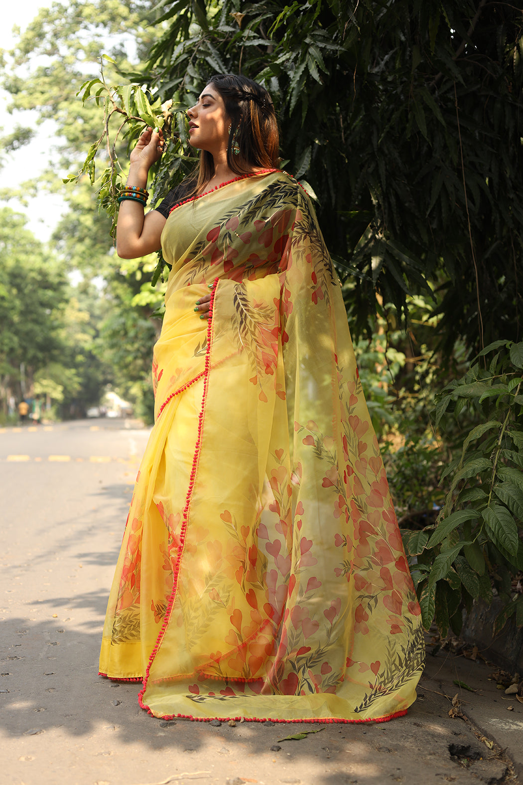 Red Poppeis on Yellow Organza Hand-painted Saree-072