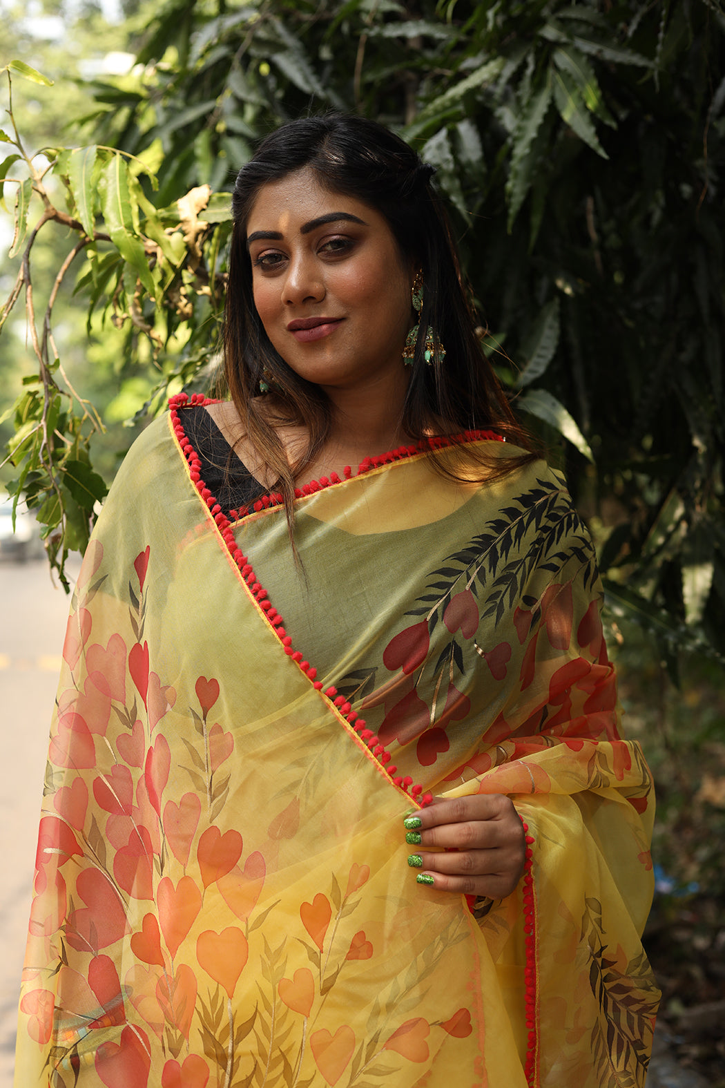 Red Poppeis on Yellow Organza Hand-painted Saree-072