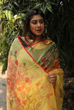 Red Poppeis on Yellow Organza Hand-painted Saree-072