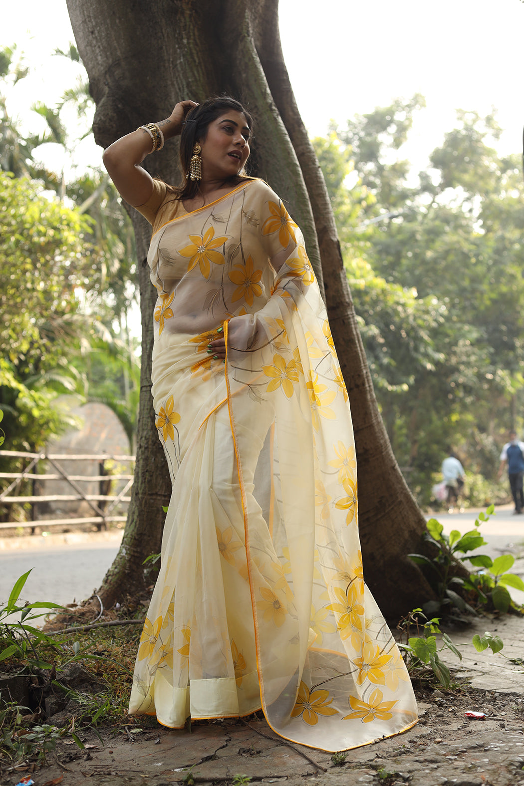 Exclusive Yellow Florals on Organza Hand-painted Sari-073