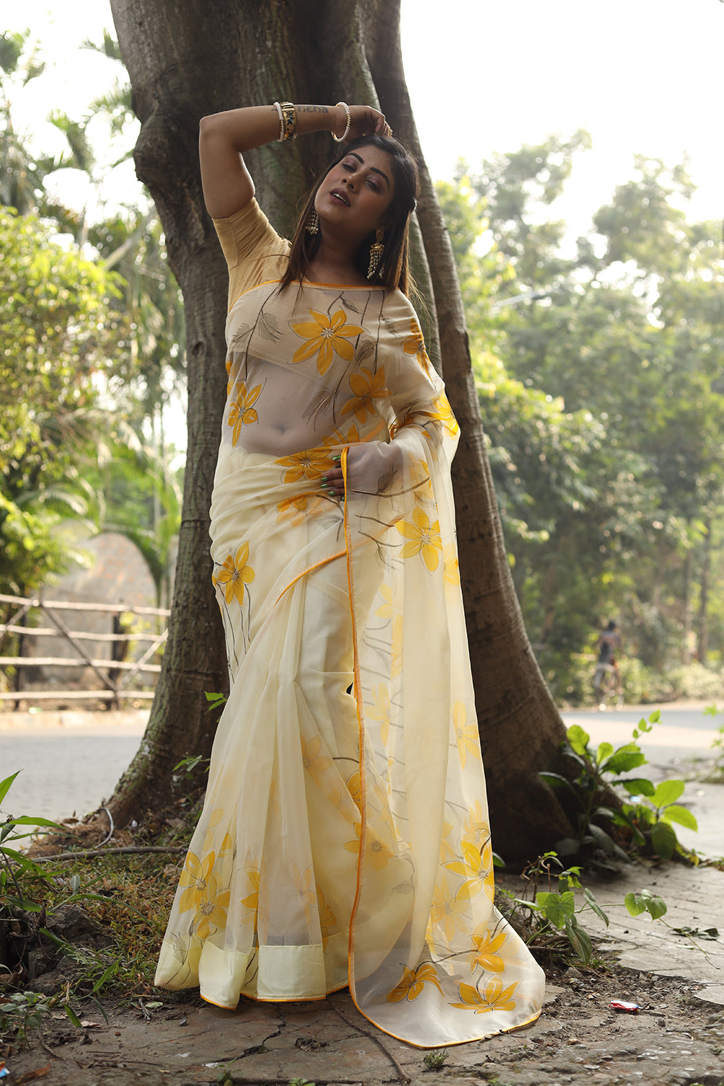 Exclusive Yellow Florals on Organza Hand-painted Sari-073