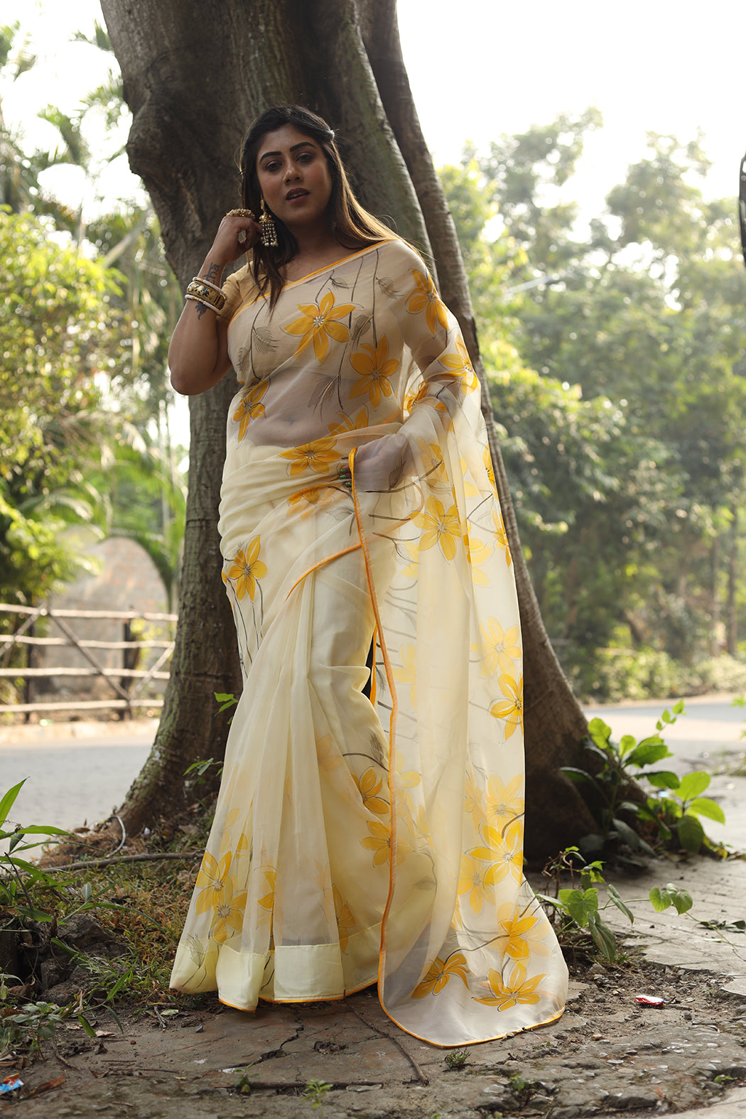 Exclusive Yellow Florals on Organza Hand-painted Sari-073