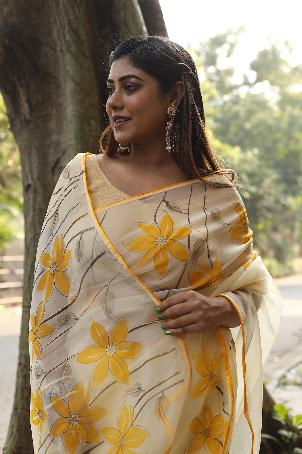 Exclusive Yellow Florals on Organza Hand-painted Sari-073