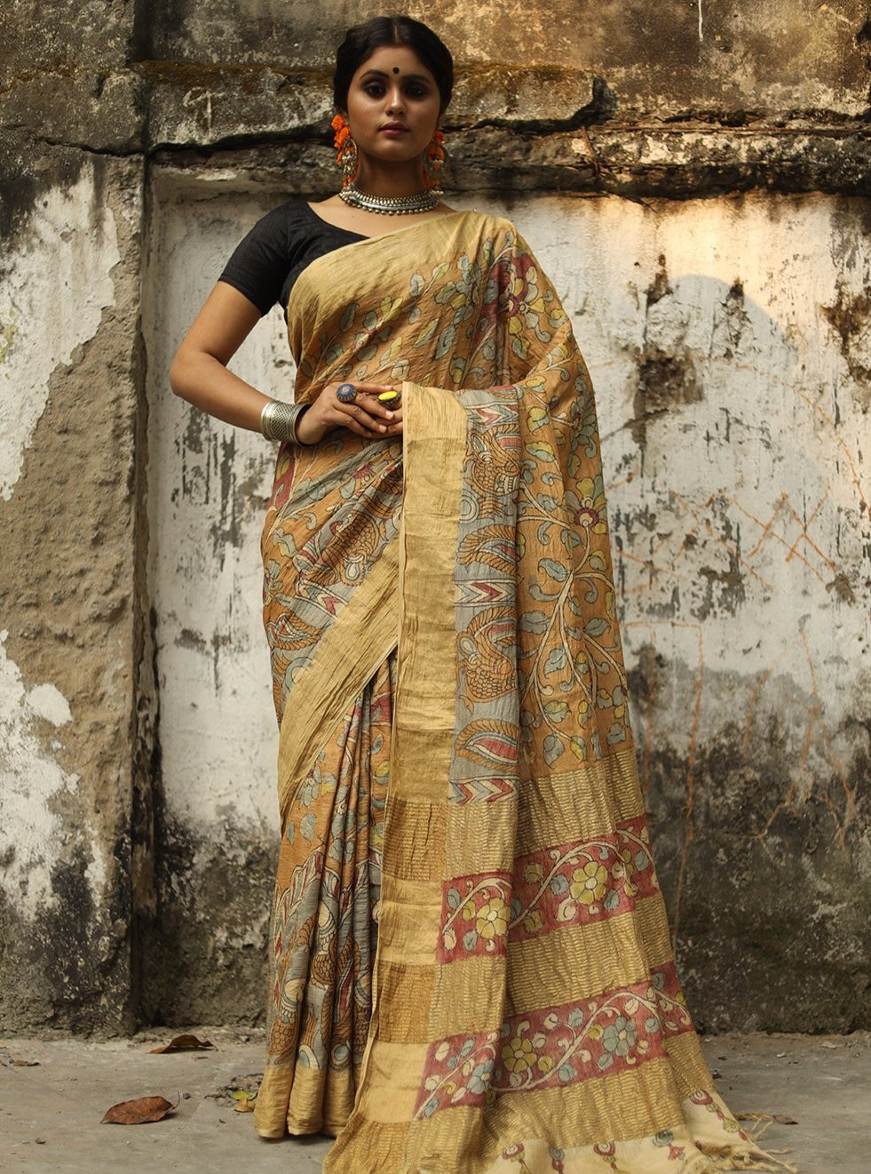 Exclusive  Pen Kalamkari Saree Molten Golden Floral Garden Tussar Silk-012