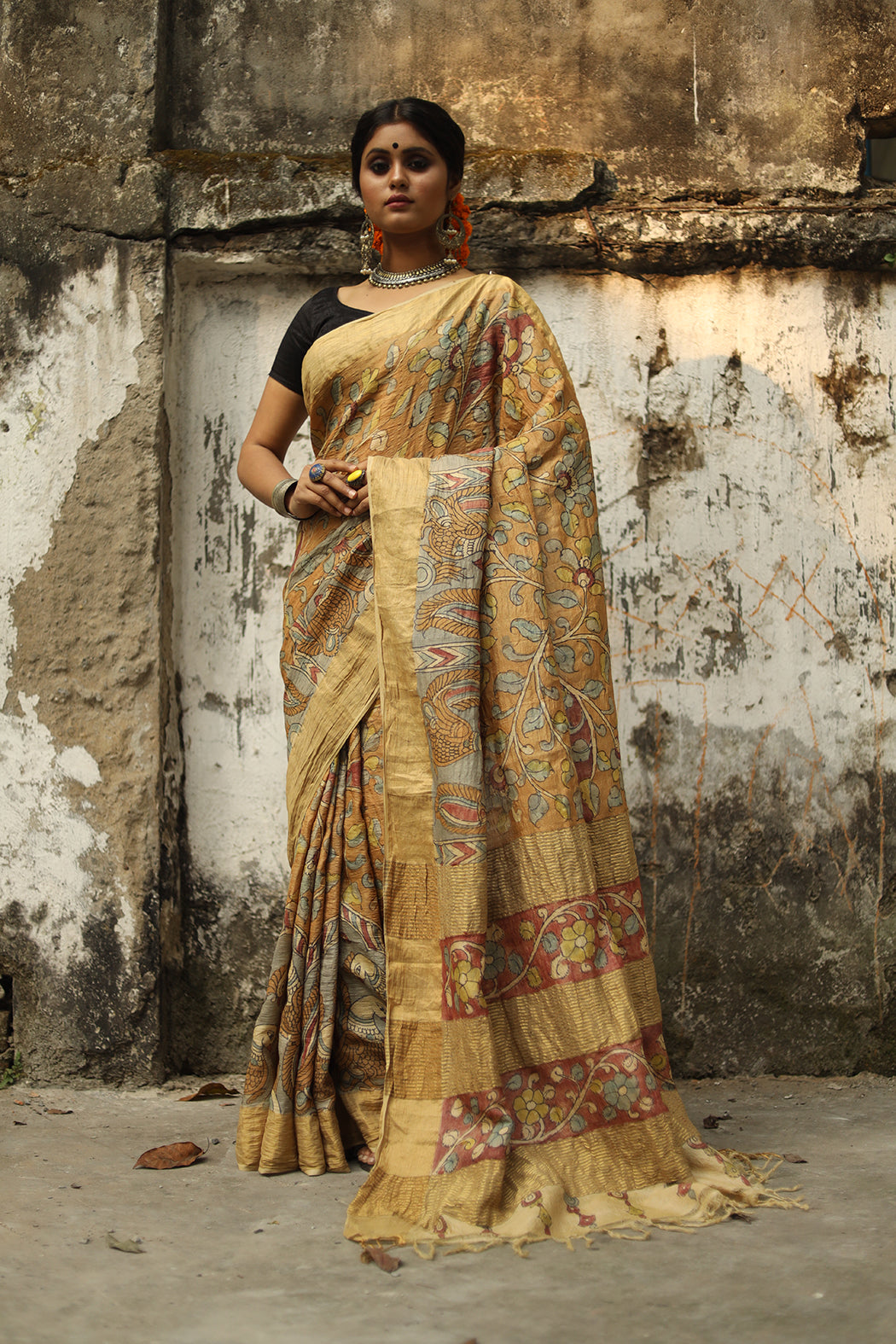 Exclusive  Pen Kalamkari Saree Molten Golden Floral Garden Tussar Silk-012